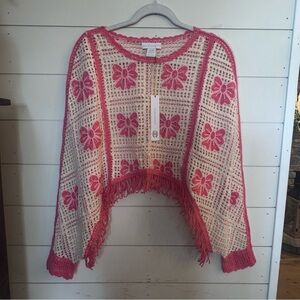 House of Harlow Pink Bow Crochet Sweater. Sz.OS Granny square Shawl/poncho